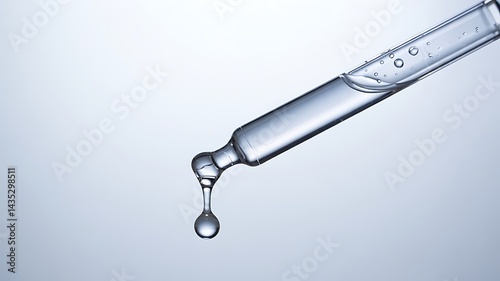 A close-up shot of a transparent dropper with a drop of liquid at the end. The focus is on the clear liquid, emphasizing the precision and purity associated with this medical or scientific instrument