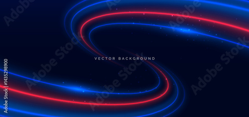 Light blue and red cuved rays glowing on dark blue background. High speed motion moving concept.