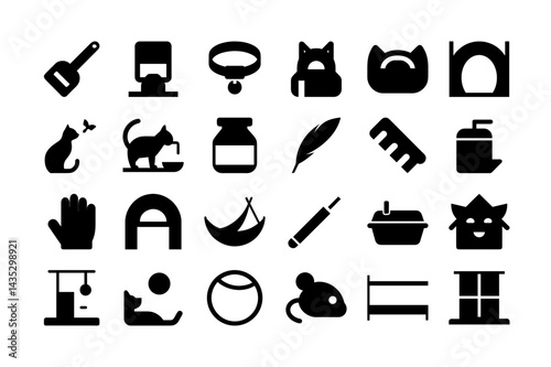 Cat Life and Essentials Solid Icons Collection for Pet Lovers