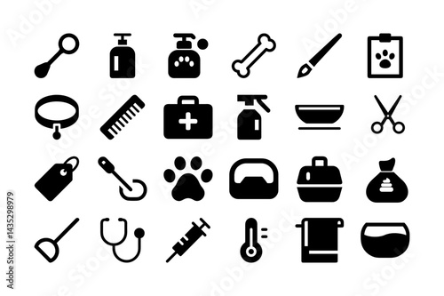 Everyday Pet Care Solid Icons Set for Grooming and Veterinary Essentials