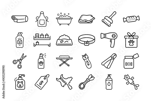 Pet Shop and Grooming Products Line Art Icons for Veterinary and Pet Stores
