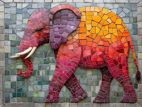 Elephant Mosaic Wall Art Colorful ceramic tiles animal at the zoo or museum exhibit