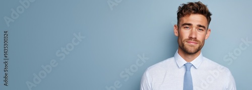 Confident man in formal shirt and tie against blue background, s photo