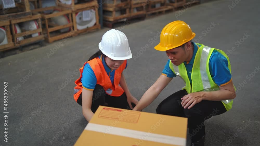Warehouse Workers Inspecting Shipment in Safety Gear and Uniforms Warehouse Workers Inspecting Shipment in Safety Gear and Uniforms
