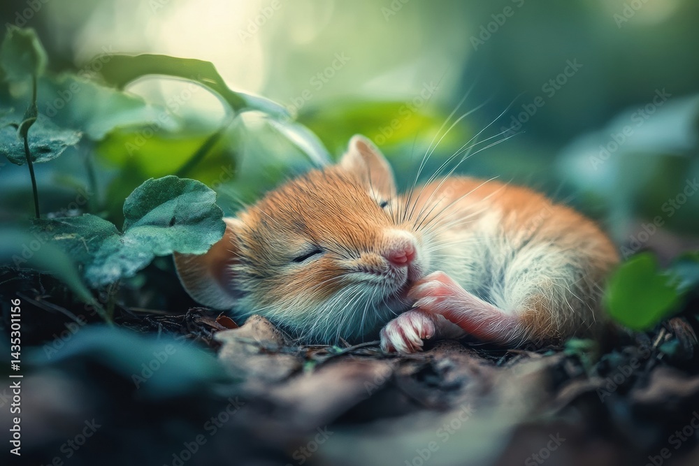 Obraz premium Peaceful dormouse sleeping in natural habitat amongst leaves
