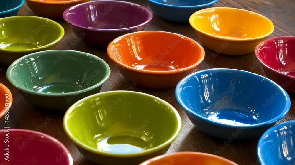 Collection of vibrant colorful ceramic bowls neatly arranged on a wooden surface creating an eye-catching and bright display of tableware Collection of vibrant colorful ceramic bowls neatly arranged on a wooden surface creating an eye-catching and bright display of tableware