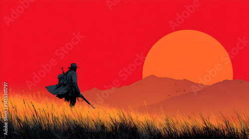 Illustration of a soldier holding a rifle on a battlefield at dawn, minimalist style.

