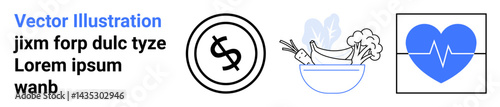 Dollar symbol circle, bowl of fruits and vegetables, heart with heartbeat line. Ideal for finance, health, lifestyle, nutrition, wellness, fitness medical and abstract line flat metaphor