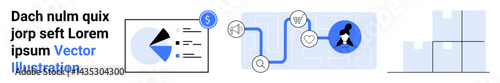 Chart analysis with pie graph, financial connections indicating workflow, organizational mappings, grid layout. Ideal for data flow, business strategy, finance, analytics, technology workflow