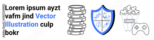 Stack of coins, medical shield, popcorn bucket, and game controller symbolizing finance, health, and entertainment. Ideal for insurance, healthcare, gaming budgeting leisure digital assets simple