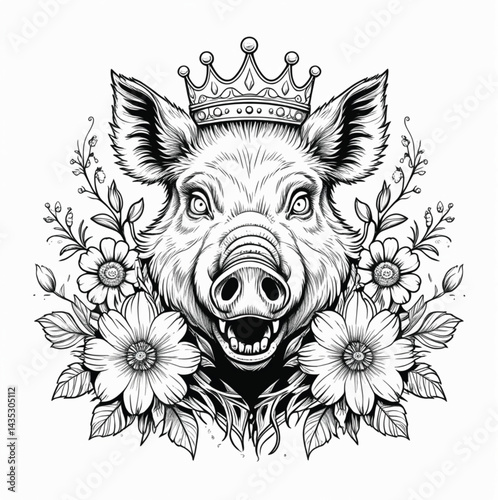 Illustration of a wild boar head wearing a crown with a generate AI flower.
