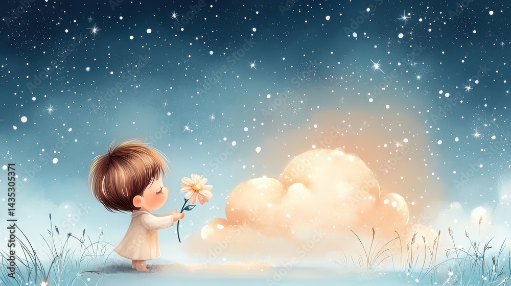 A whimsical illustration of a child holding a flower, gazing at clouds and stars in a serene, dreamy night sky. A whimsical illustration of a child holding a flower, gazing at clouds and stars in a serene, dreamy night sky.
