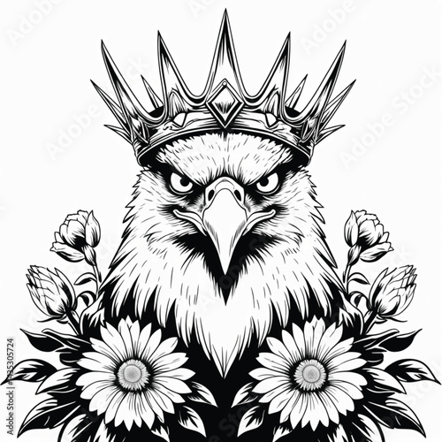 Illustration of eagle head wearing a crown with a generate AI flower.