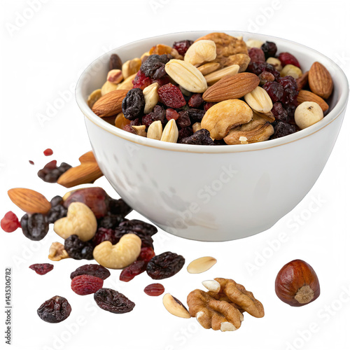 A white bowl filled with a colorful assortment of mixed nuts and dry fruits showcases a nutritious snack choice perfect for any occasion