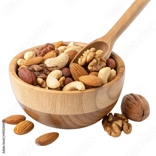 Mixed nuts are beautifully arranged in a wooden bowl with a spoon perfect for snacking anytime. This bowl highlights a variety of flavors and textures together