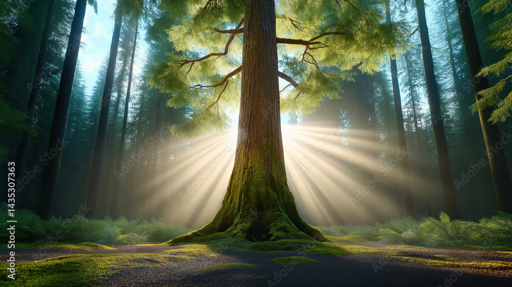 Obraz premium Majestic tree illuminated by sunlight in a serene forest
