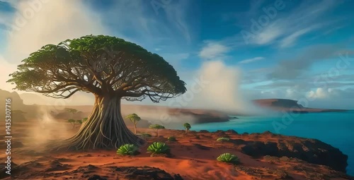 A unique tree with a spiraling trunk stands on red soil, overlooking turquoise water and a cloudy sky.