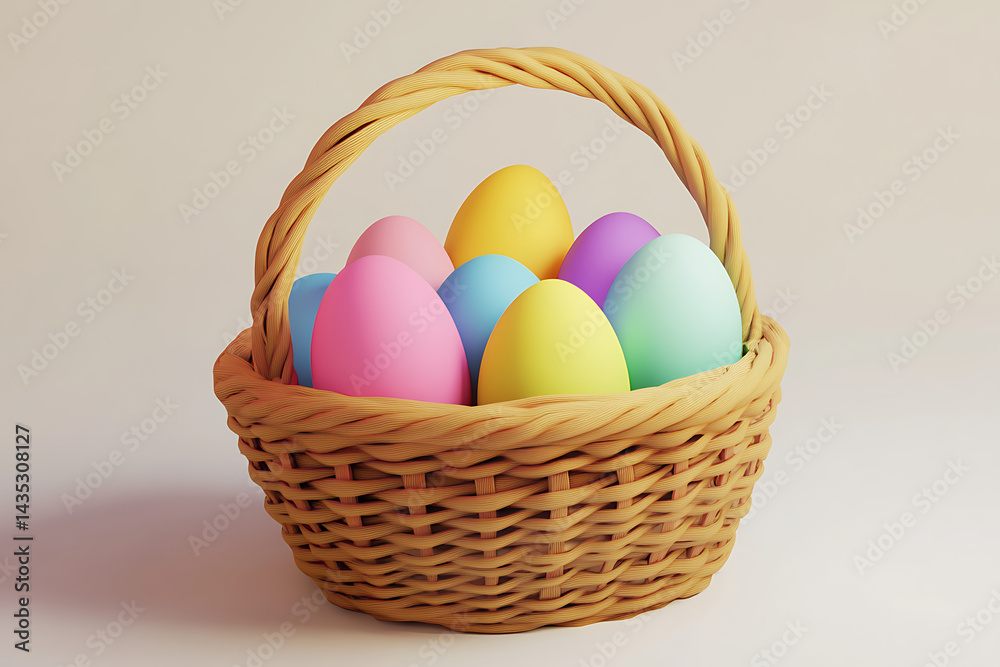 Colorful Easter eggs arranged in a woven basket, set against a soft, neutral background Colorful Easter eggs arranged in a woven basket, set against a soft, neutral background