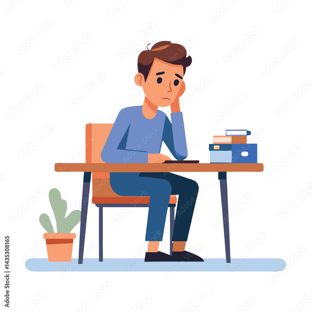 Vector of stressed tired man sitting at table working on laptop computer Vector of stressed tired man sitting at table working on laptop computer