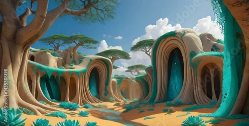 Socotra, where bulbous tree trunks and twisted branches inspire ornate, organic architecture that blends seamlessly with the terrain, as if grown from the earth itself.