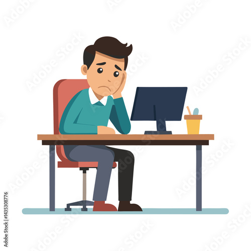 Vector of stressed tired man sitting at table working on laptop computer