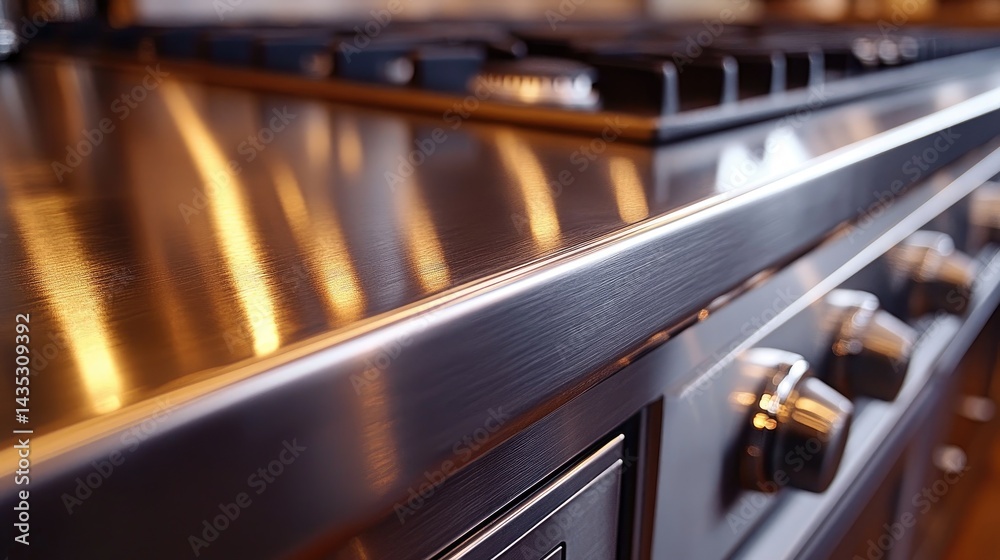 Sleek stainless steel kitchen countertop and stove. Close-up view of the glossy surface reflecting light Sleek stainless steel kitchen countertop and stove. Close-up view of the glossy surface reflecting light