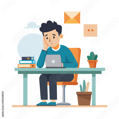 Vector of stressed tired man sitting at table working on laptop computer