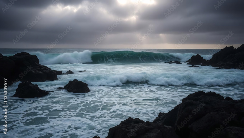 Fototapeta premium Stormy Ocean Waves Crashing on Rocks
