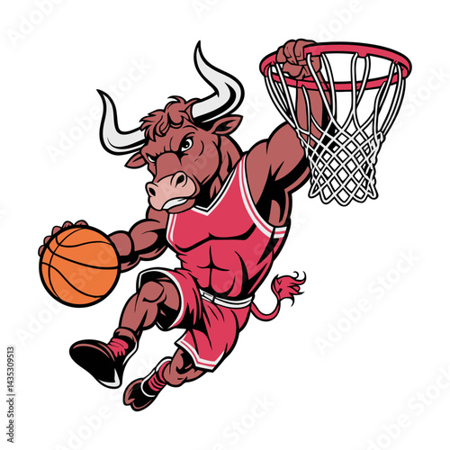 Strong Bull Mascot Dunking Basketball Cartoon Illustration