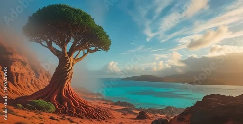 Socotra Island, with an eerie mist rolling over the rugged terrain, showcasing its unique and ancient plant life, such as the iconic Dragon's Blood Tree with its twisted, umbrella-shaped canopy