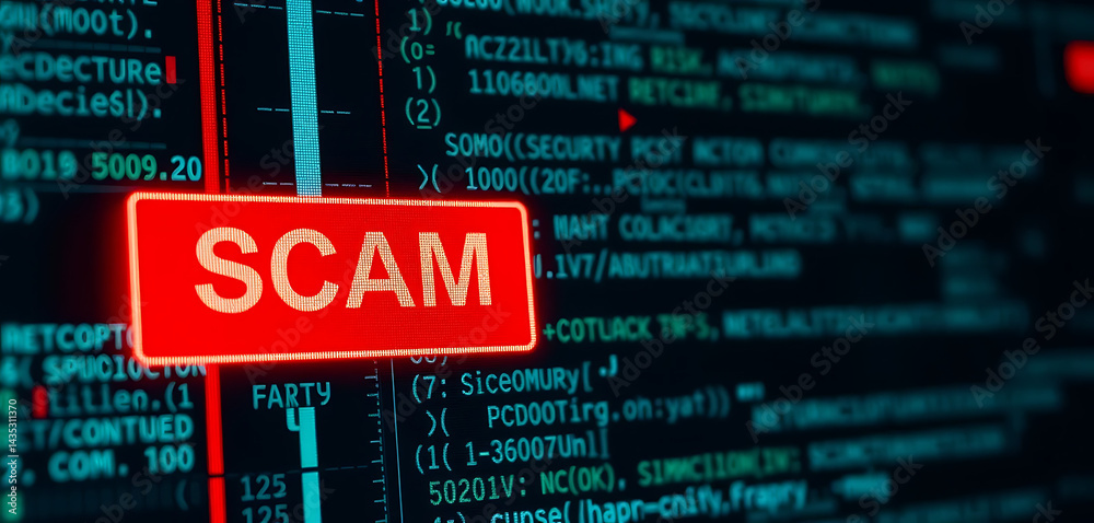 Obraz premium Cybercrime Alert Scam Warning on Digital Screen Displaying Code, Highlighting Internet Security Risks and Data Protection