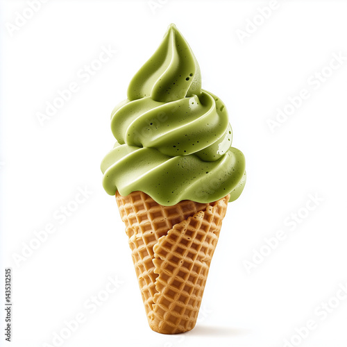Matcha green tea soft serve ice cream in a waffle cone, tall swirl shape,