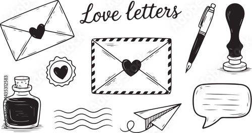 hand drawn elements for love letters, envelope with heart seal, wax stamp, pen, open love letter, heart sticker, postmark, ink bottle, paper plane, speech bubble