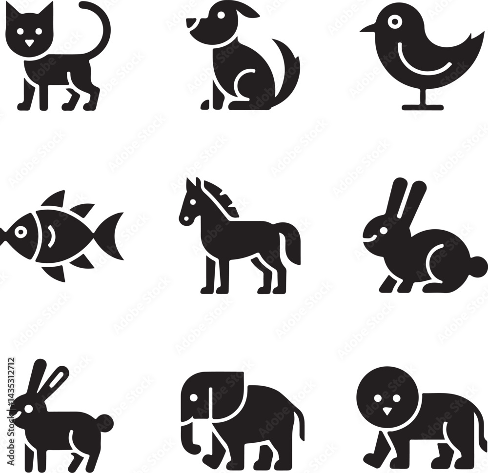Obraz premium minimal animal silhouette icons, cat, dog, bird, fish, horse, rabbit, elephant, lion, solid black style, black and white color 