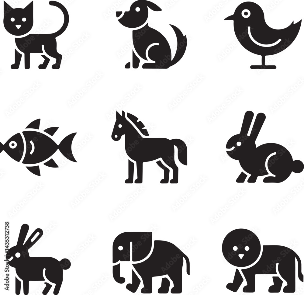 Obraz premium minimal animal silhouette icons, cat, dog, bird, fish, horse, rabbit, elephant, lion, solid black style, black and white color