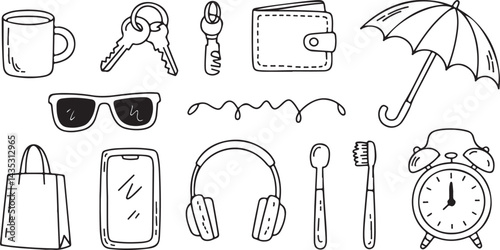 Minimal doodle clipart of daily life items mug, keys, wallet, umbrella, sunglasses, phone, headphones, shopping bag, toothbrush, alarm clock