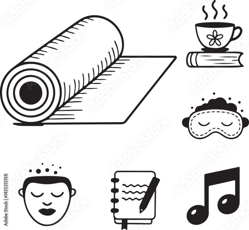 Relaxation doodle vector icons yoga mat, tea, candle, journal, music, face mask, bath tub, minimal lifestyle set