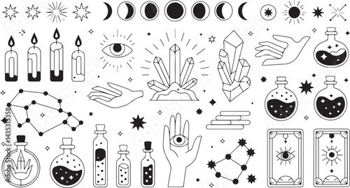 Witchy black and white doodles moon phases, crystal, candle, hands, potion, stars, tarot, mystical vector design