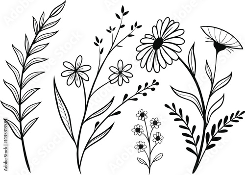 Boho Wildflower Clipart Set for Creative Projects. Hand Drawn Boho Wildflower Clipart Set for Designers. Elegant Boho Wildflower Clipart Set for Printable. Wildflower Clipart Set for Invitations
