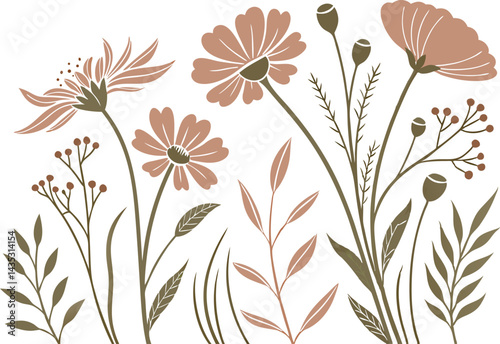 Boho Wildflower Clipart Set for Creative Projects. Hand Drawn Boho Wildflower Clipart Set for Designers. Elegant Boho Wildflower Clipart Set for Printable. Wildflower Clipart Set for Invitations
