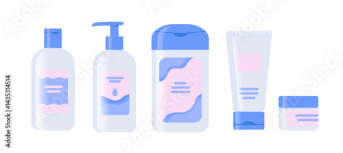 Shower gel, shampoo, cream and body lotion plastic bottles. Personal hygiene clip art isolated. Vector flat cartoon illustration.