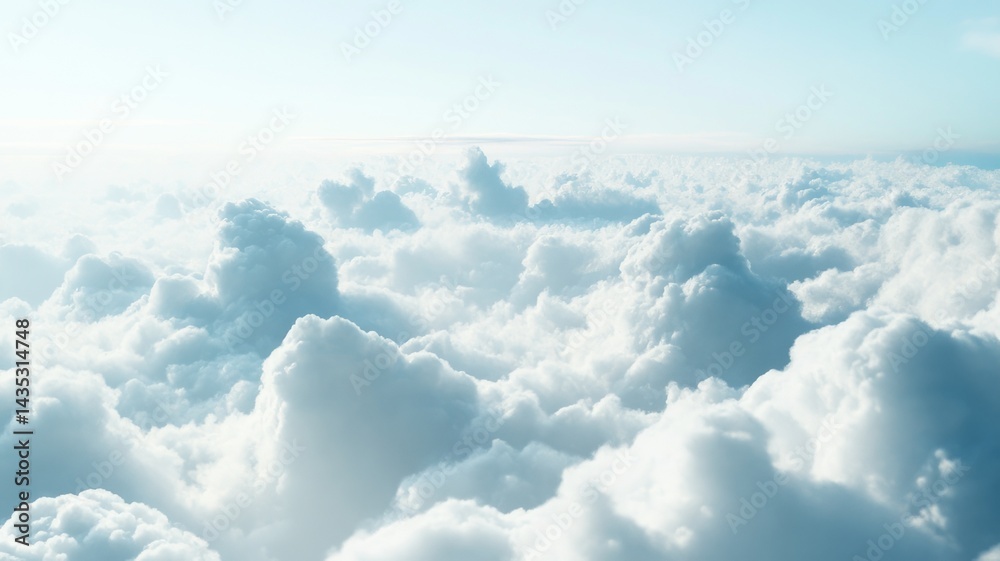 Fototapeta premium Serene View Above a Sea of Fluffy White Clouds: A tranquil aerial perspective shows a vast expanse of soft, white cumulus clouds stretching to the horizon under a clear, pale blue sky.
