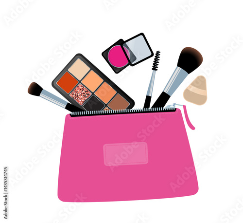 Cosmetic bag with cosmetic accessories: makeup brushes, eye shadow, blush, lipstick and sponge. 