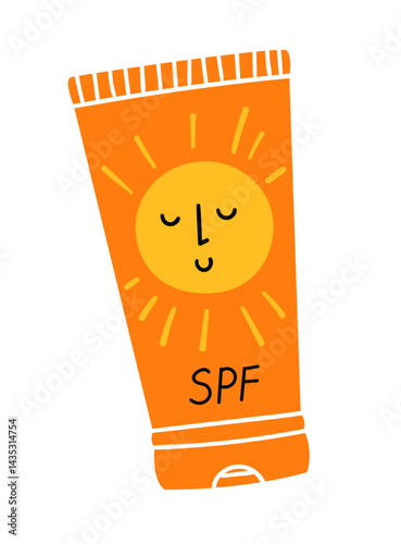A sunscreen orange tube. Cute doodle design with smiling sun face. SPF - sun protection factor.. Vector flat cartoon illustration isolated.