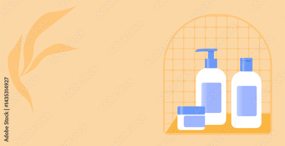 Obraz premium Personal hygiene products for shower or bath. Plastic bottles with cosmetics products: gel, shampoo, and cream in the bath shelf. Lite background.