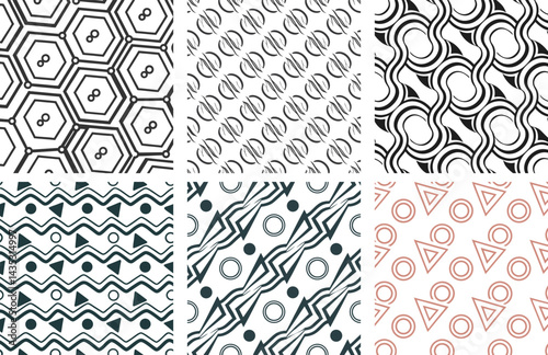 A set of vector seamless patterns showcases vintage floral ornaments with ornate leaf and swirl designs, ideal for wallpaper and fabric backdrops