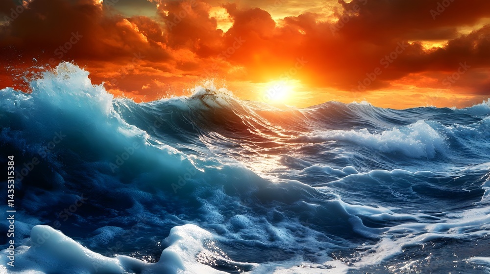 Fototapeta premium Dramatic Ocean Waves Sunset Seascape - Dramatic lighting