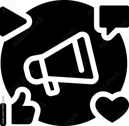 Megaphone with thumbs up and heart symbolizing positive communication. Silhouette icon.