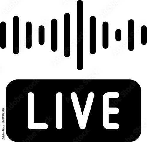 Live broadcast icon with sound waves symbolizing real-time streaming. Silhouette icon.