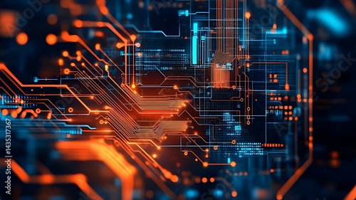 Close-Up of a Glowing Circuit Board , Beautiful wallpaper featuring a high-tech circuit with glowing paths, creating an abstract background and best-seller concept 
